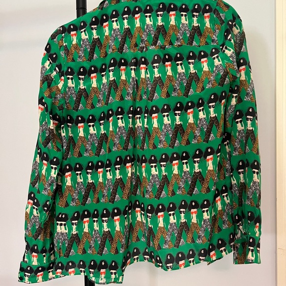 Alice and Olivia green silk small blouse with girl theme - Picture 2 of 4